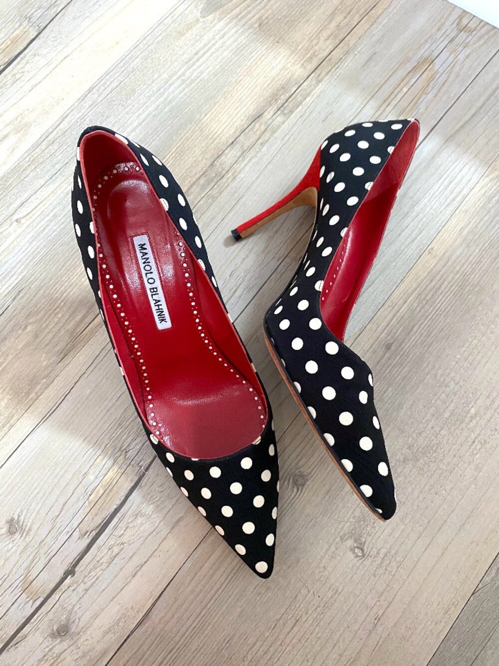 Manolo Blahnik Black/Cream with Red Detail Polka Dot Stiletto Pump Heels - Size